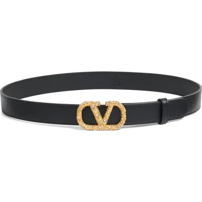 Valentino Garavani Crystal Embellished Vlogo Leather Belt