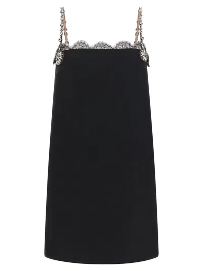 Valentino Crystal-embellished Lace-trimmed Wool And Silk-blend Crepe Mini Dress In Black