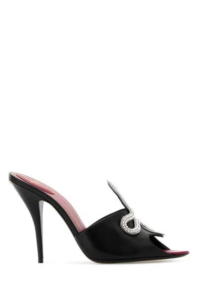 Valentino Garavani Crystal-embellished Black Leather Mule