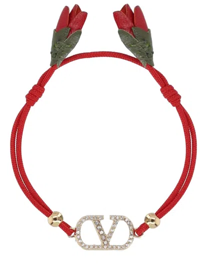 Valentino Garavani Crystal-embellished Cord Bracelet With Floral End Details In Red