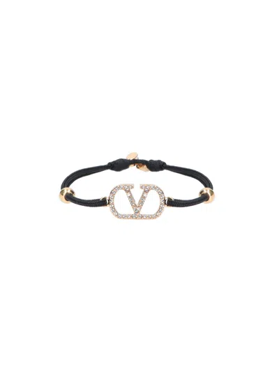 Valentino Garavani Crystal-embellished Logo Cord Bracelet In Black