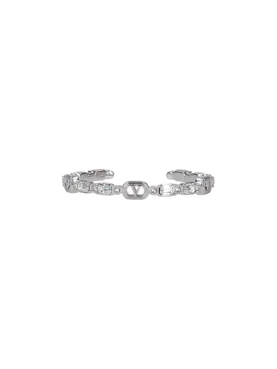 Valentino Garavani Crystal-embellished Logo Cuff Bracelet In Silver