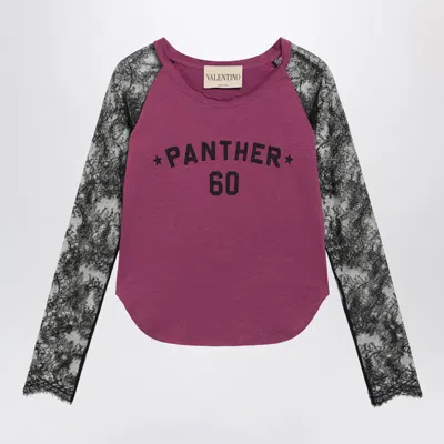 Valentino Garavani Cyclamen Panther 60 Tshirt With Black Lace Sleeves In Pink