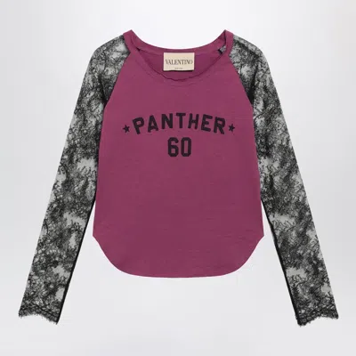 Valentino Garavani Cyclamen Panther 60 Tshirt With Black Lace Sleeves In Multi