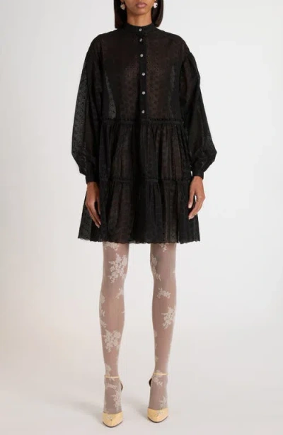 Valentino Garavani Daisy Eyelet Tiered Long Sleeve Dress In Black