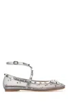 Valentino Mesh Rockstud Ballerinas Featuring Bow Detail In Silver
