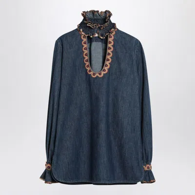 Valentino Garavani Denim Blouse With Embroidered Edges In Blue