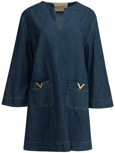 Valentino Denim Dress Kaftan Neckline Kimono Sleeves In Blue