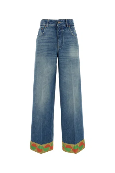 Valentino Wide Leg High Waist Jeans With Colorful Trim In Medium Blue