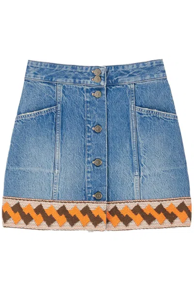 Valentino Embroidered Hem Denim Mini Skirt In Blue