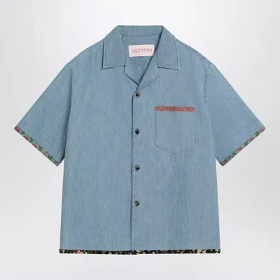 Valentino Men's Denim Shirt With Floral Trims