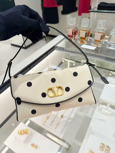 Valentino Garavani Devain Small Shoulder Bag In Moiré Plus De Pois Fabric In Neutral