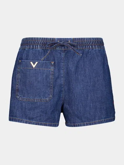 Valentino Garavani Drawstring-waist Mini Shorts With V Gold Pocket Detail, Back And Side Pockets In Blue