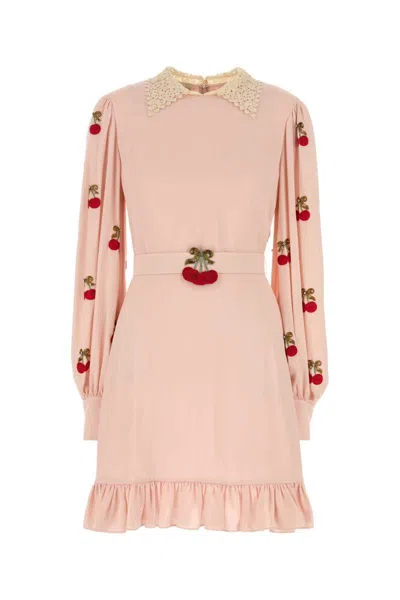 Valentino Georgette Dress With Ruffled Hem And Belted Waist In Pink