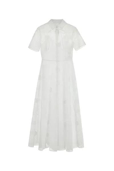 Valentino Midi Dress Sheer Fabric Short Sleeves In White