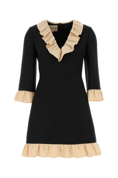 Valentino Mini Dress With Ruffled Neckline And Sleeves In Black