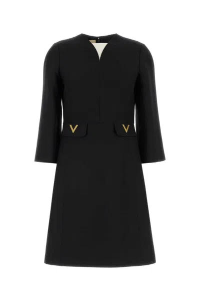 Valentino Crepe Couture Dress Gold Accents V Neckline In Black