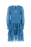 Valentino Silk Dress With Keyhole Neckline And Ruffles In Blue