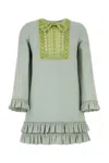 Valentino Lace Bead Sequined Bow Ruffled Hem Mini Dress In Green