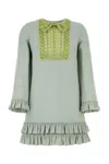 Valentino Lace Bead Sequined Bow Ruffled Hem Mini Dress In Green