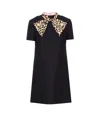 Valentino Embellished Pussy-bow Wool And Silk-blend Crepe Mini Dress In Black