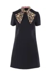 Valentino Embellished Pussy-bow Wool And Silk-blend Crepe Mini Dress In Black