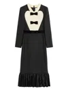Valentino Belted Bow-embellished Velvet And Ottoman-trimmed Wool Midi Dress In Nero/soft Beige