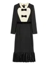 Valentino Belted Bow-embellished Velvet And Ottoman-trimmed Wool Midi Dress In Nero/soft Beige