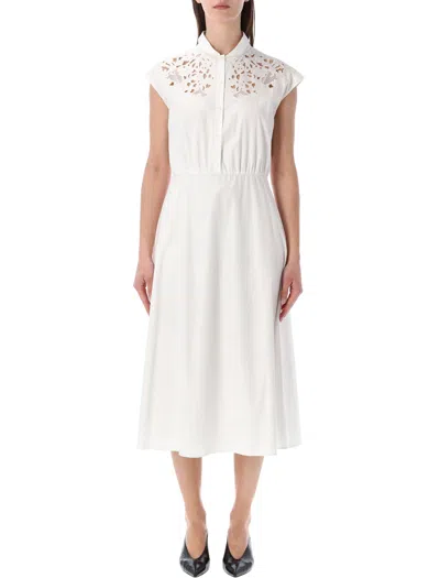 Valentino Garavani Elegant Midi Dress With Embroidered Bodice And Cinched Waist In White