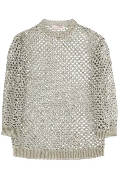 Valentino Garavani Embellished Crochet Sweater In Gray