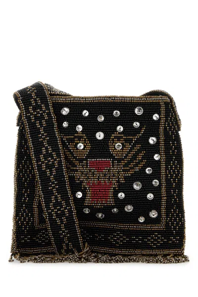 Valentino Garavani Fabric Crossbody Bag Animal Motif Beads In Black
