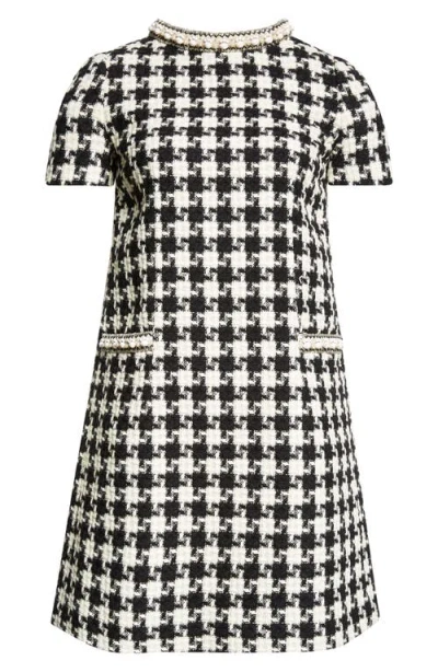 Valentino Garavani Embellished Houndstooth Tweed Minidress In Ivory/black