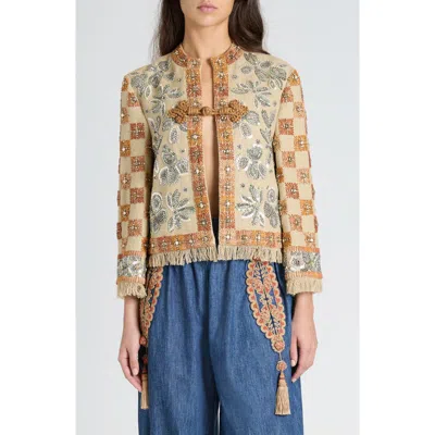 Valentino Garavani Linen Blazer With Intricate Ethnic Embroidery In Brown