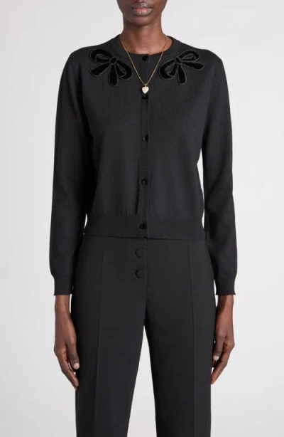 Valentino Garavani Embroidered Bow Appliqué Virgin Wool Cardigan In Black