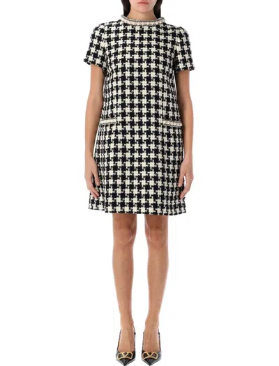 Valentino Garavani Embroidered Damier Light Tweed Short Dress In Black Ivory