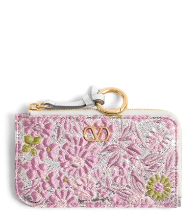 Valentino Garavani Embroidered Floral Card Holder In Pink