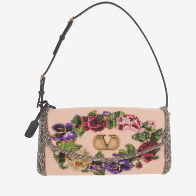 Valentino Garavani Embroidered Floral Linen Shoulder Bag In Beige