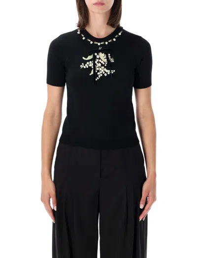 Valentino Garavani Embroidered Floral Virgin Wool Pullover Sweater With Velvet Bow In Nero