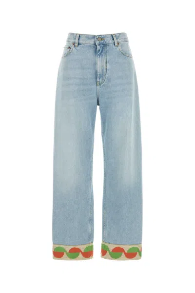 Valentino Garavani Embroidered Hem Cotton Jeans In Blue