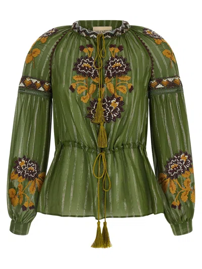 Valentino Garavani Embroidered Lurex Silk Shirt Shirt And Blouse Green