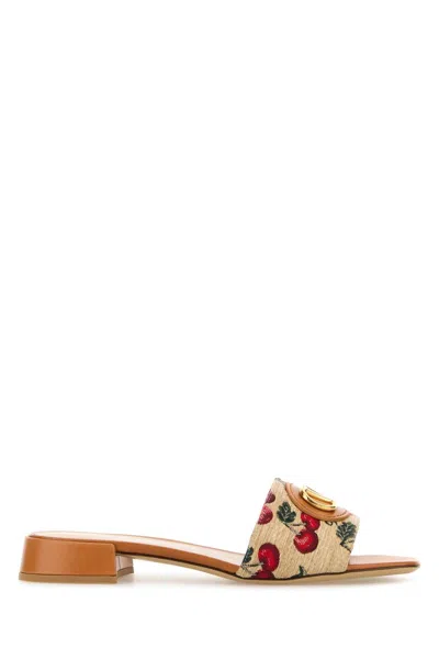 Valentino Garavani Embroidered Raffia Vlogo Signature Slippers In Brown