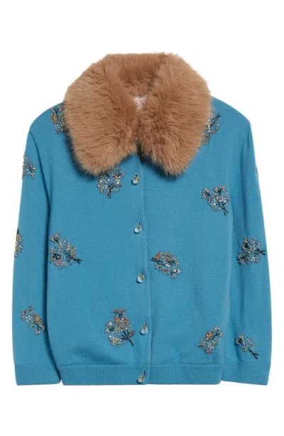 Valentino Floral Crystals Wool Cardigan In Celestial Blue