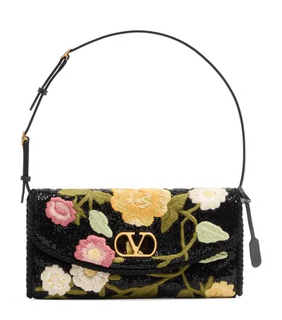 Valentino Garavani Embroidered-floral Devain Shoulder Bag In Black