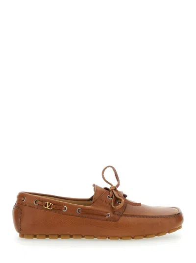 Valentino Garavani 'fastaway' Brown Loafers With Vlogo Plaque And Decorative Laces With Logo In Leat
