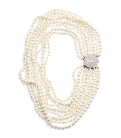 Valentino Garavani Faux Pearl And Crystal Ovalette Necklace In Ivory