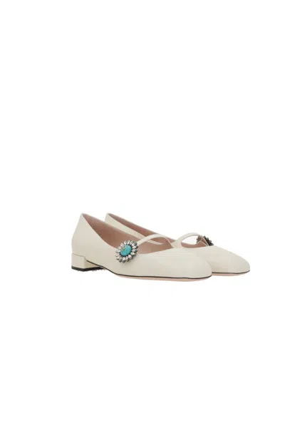 Valentino Garavani Embellished Square Toe Ballet Flats With Low Block Heel In Neutral