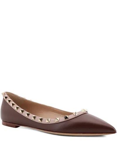 Valentino Garavani Studded Leather Ballerinas Pointed Toe In Brown