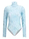 Valentino High Neck Long Sleeve Floral Lace Bodysuit In Blue