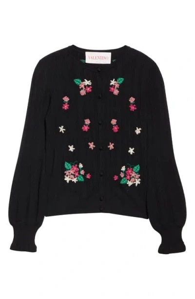 Valentino Garavani Floral Embroidered Virgin Wool Cardigan In Black Multi
