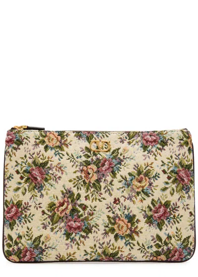 Valentino Garavani Floral-jacquard Woven Pouch In White